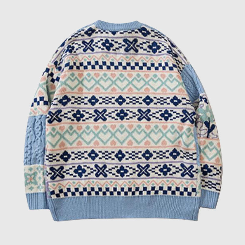 Flower Pattern Stitching Knit Pullover