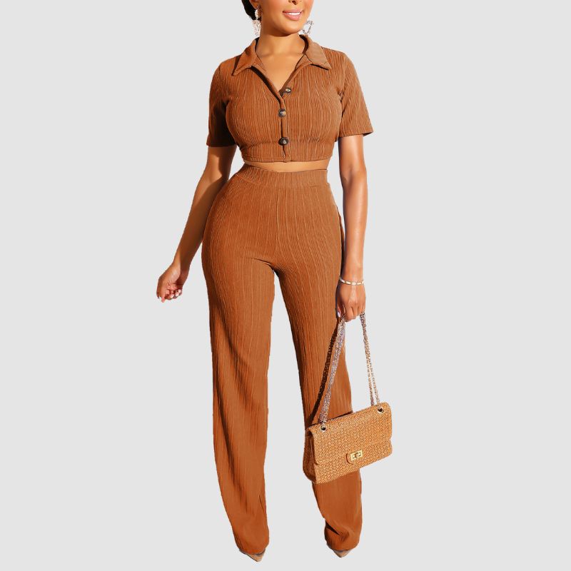 Lapel Crop Top & Long Pant Set