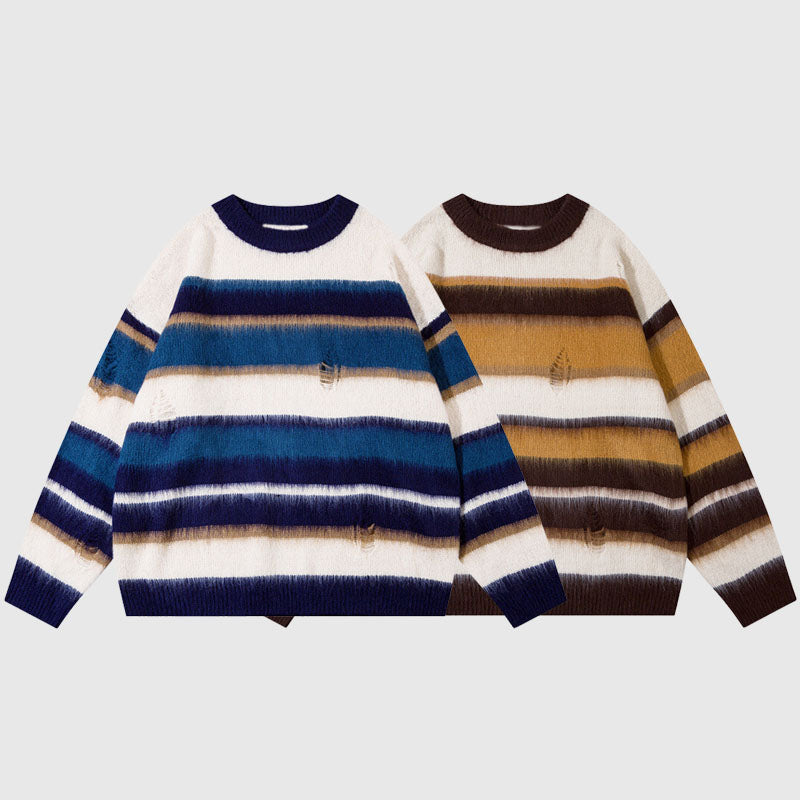 Simple Hole Design Stripe Pullover