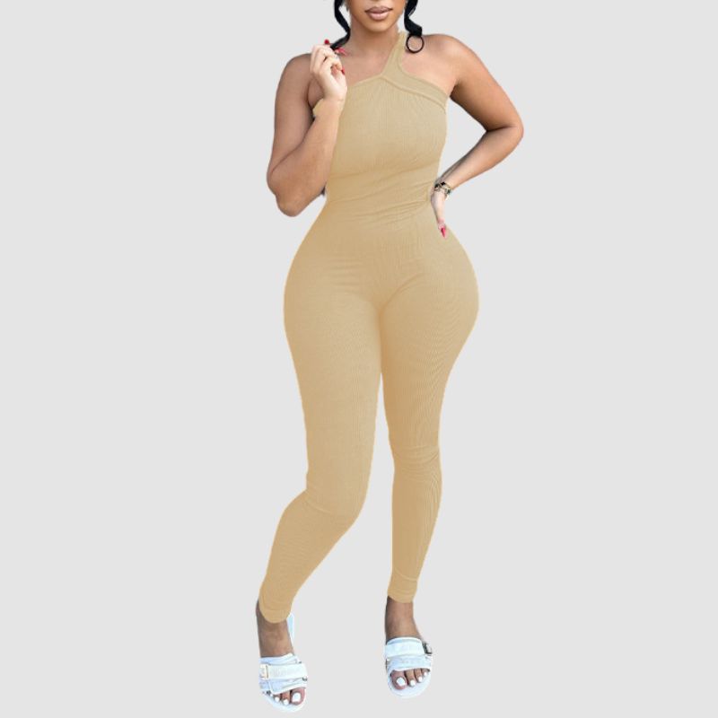 Solid Color Bodycon One Shoulder Jumpsuits