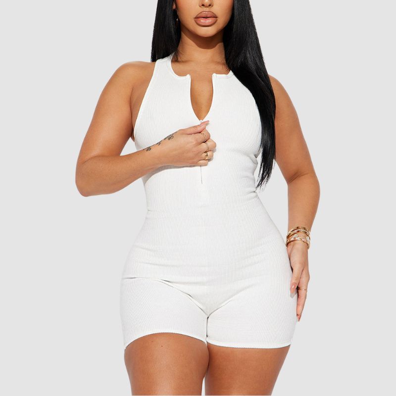 Ribbed Knit Sleeveless Zipper Romper