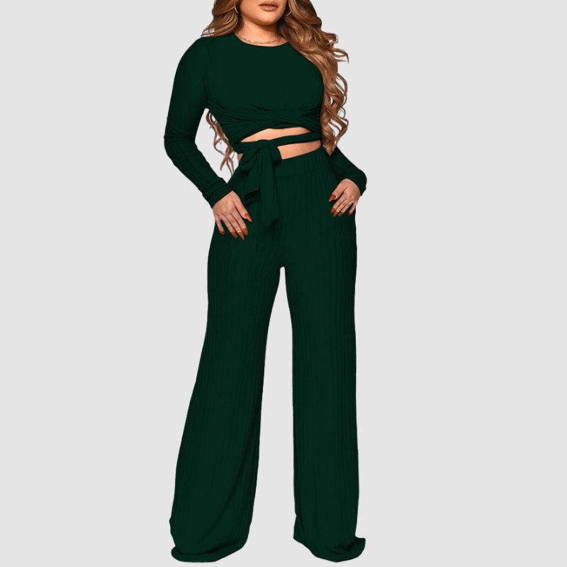 Ribbed Knit Tie-up Top & Wide Leg Pant Set