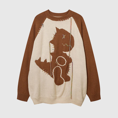 Color Contrast Dinosaur Patchwork Design Knit Pullover