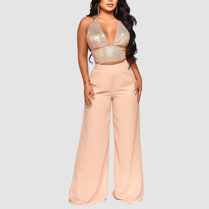 Sequined Halter Vest & High Waisted Straight Pants Set