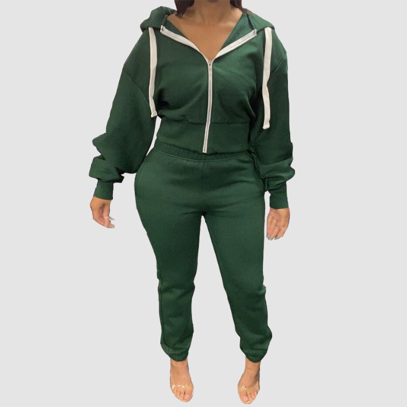 Solid Color Zip Hoodies Pant Set