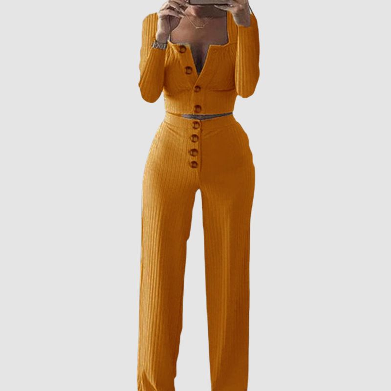 Buttoned Square Collar Top & Wide Leg Pant Set