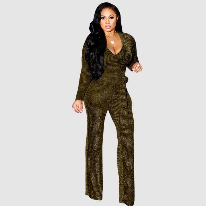 V-neck Shiny Jumpsuits