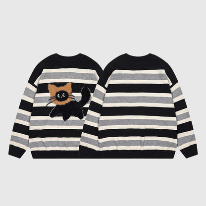 Cat Striped Knit Sweater