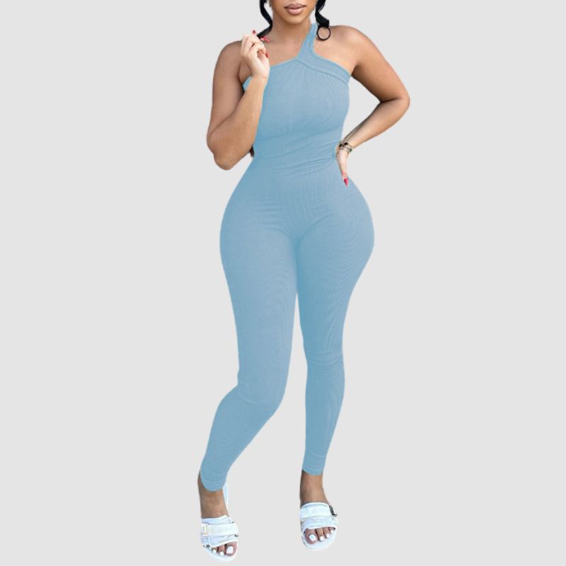 Solid Color Bodycon One Shoulder Jumpsuits