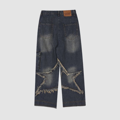 Star Pattern Frayed Patchwork Jeans