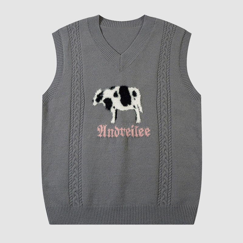 Cartoon Cow Embroidered Vest Sweater