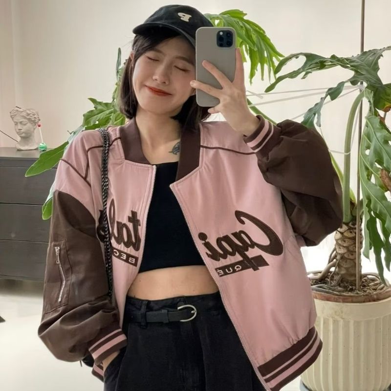 Retro Pink Color-Block Short Baseball Jacket