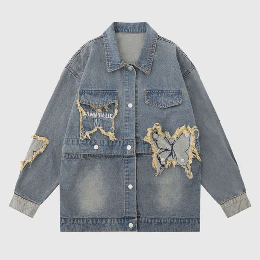 Distressed Denim Butterfly Embroidered Jacket