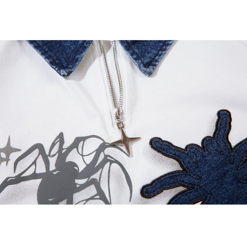 Spider Denim Patch Embroidered Lapel Tee