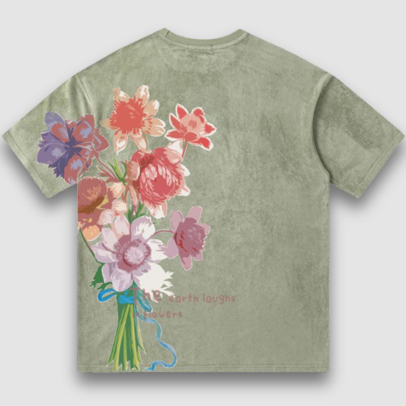 Vintage Lettered Floral Printed Suede Tee