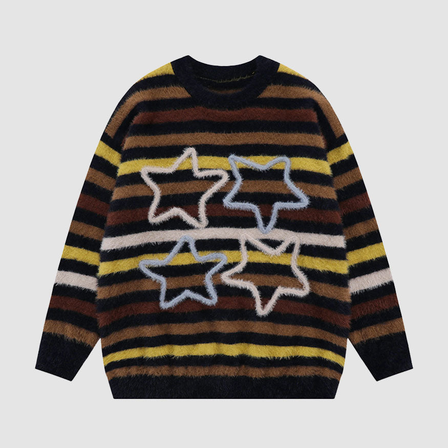 Pentagram Pattern Striped Fuzzy Sweater