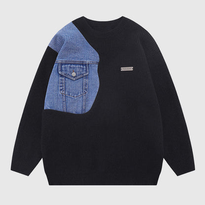 Denim Patchwork Design Pullover