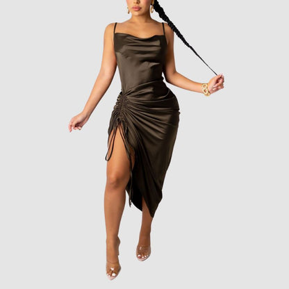 Pleated Drawstring Spaghetti Strap Dress