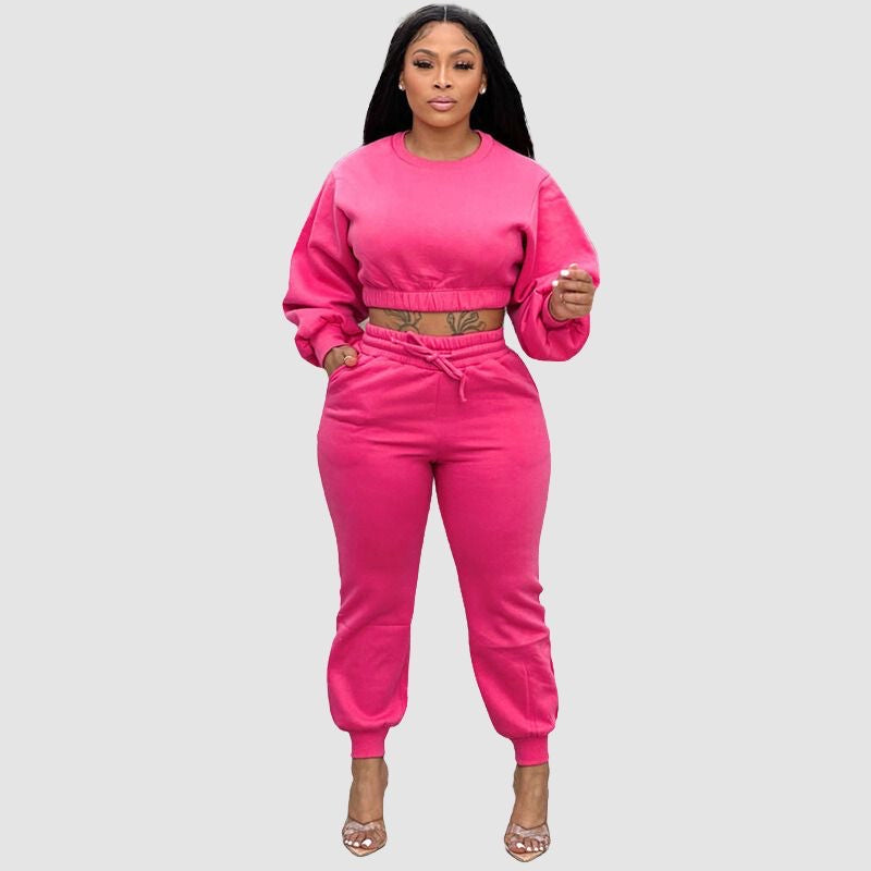 Crew Neck Crop Top & Drawstring Pant Set