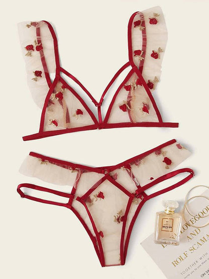 Floral Embroidered Mesh Lingerie Set