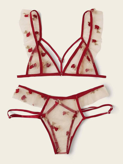 Floral Embroidered Mesh Lingerie Set