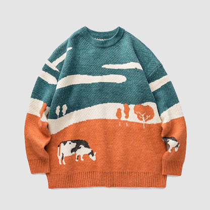 Cow Knitted Printed Sweater