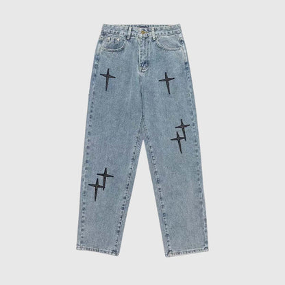 Cross Embroidered Denim Jeans