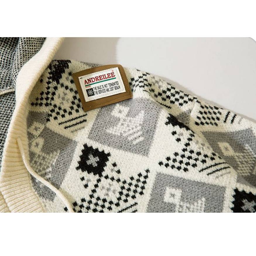 Argyle Pattern Drawstring Hooded Sweater