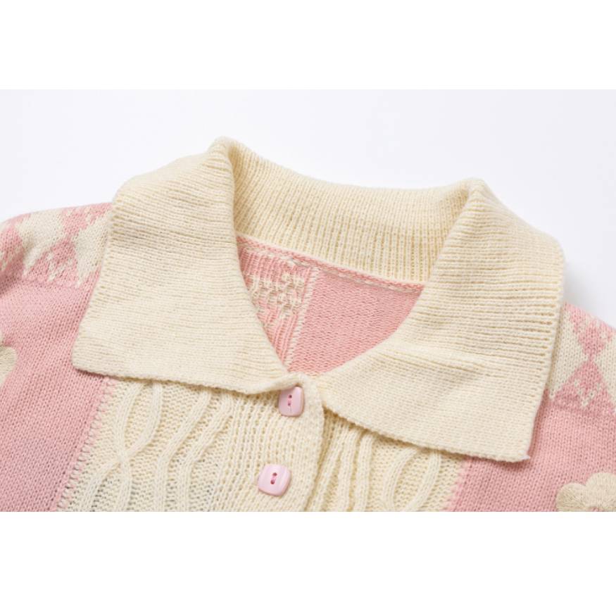 Flower Pattern Check Collared Cardigan Sweater