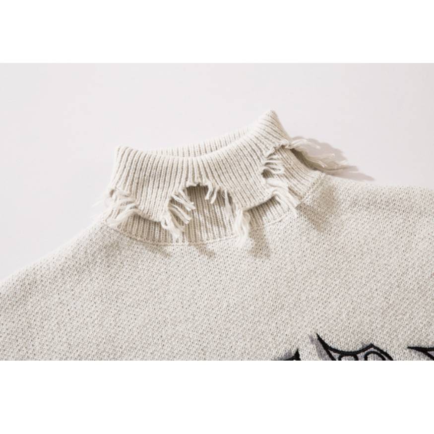 Bear Pattern Raw Hem Turtleneck Sweater