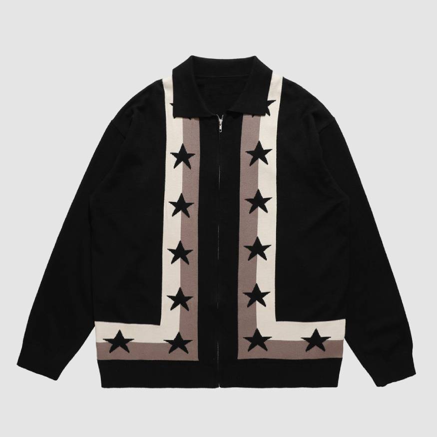 Pentagram Striped Collared Cardigan Sweater