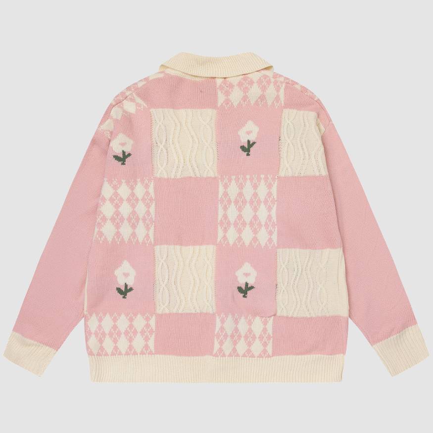 Flower Pattern Check Collared Cardigan Sweater