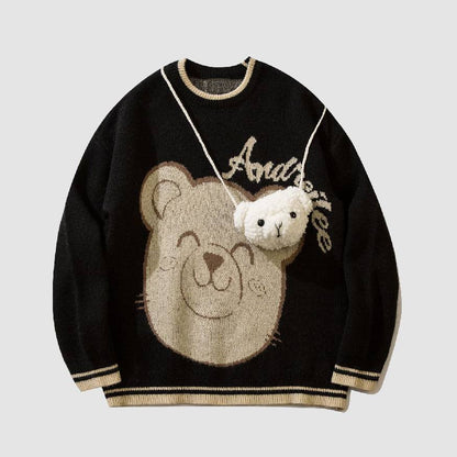 Smiley Bear Print Sweater + Bear Mini Bag