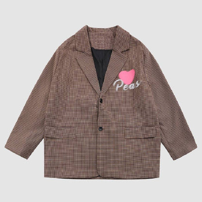 Vintage Plaid Heart & Letters Print Blazer