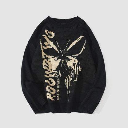 Butterfly & Letters Graffiti Print Knit Sweater