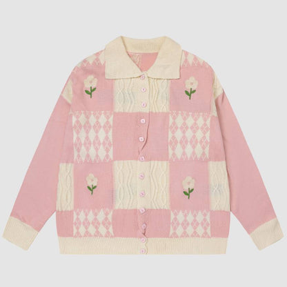 Flower Pattern Check Collared Cardigan Sweater