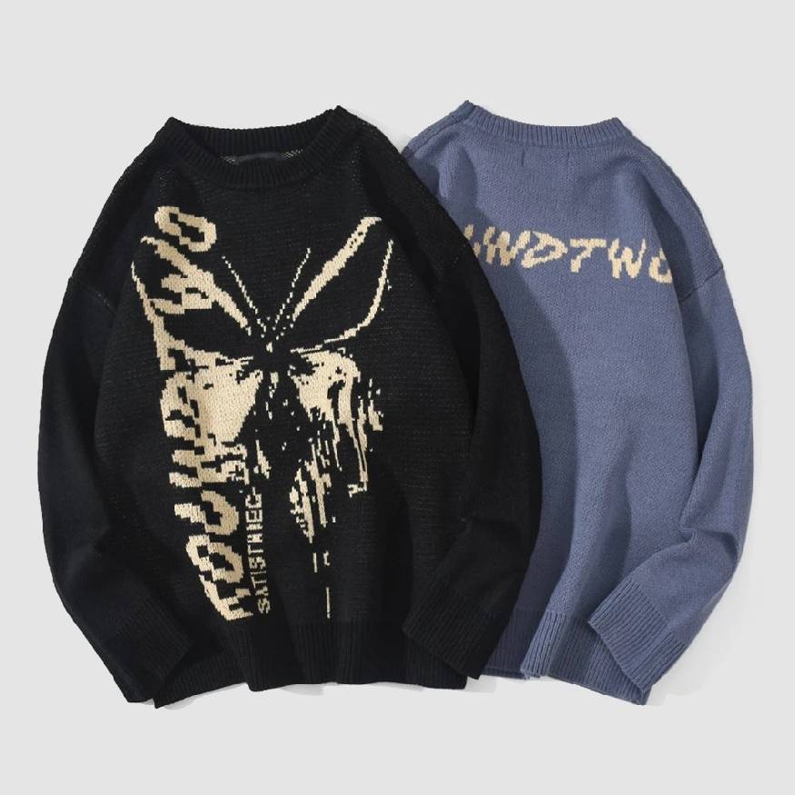 Butterfly & Letters Graffiti Print Knit Sweater