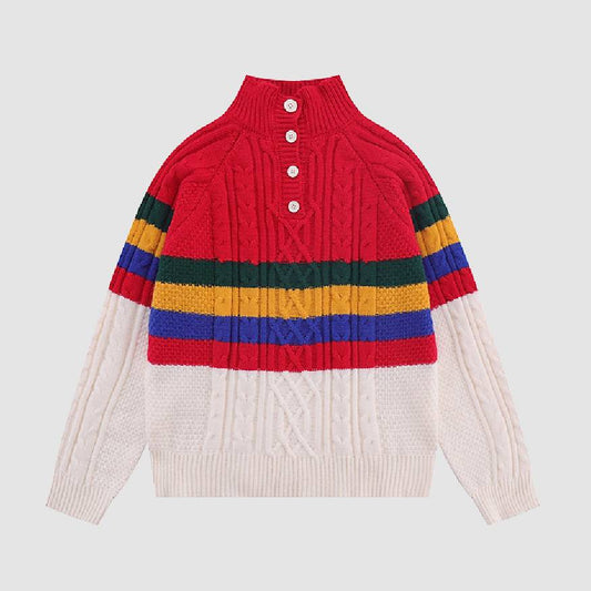 Color Striped Half Button Closure Sweater