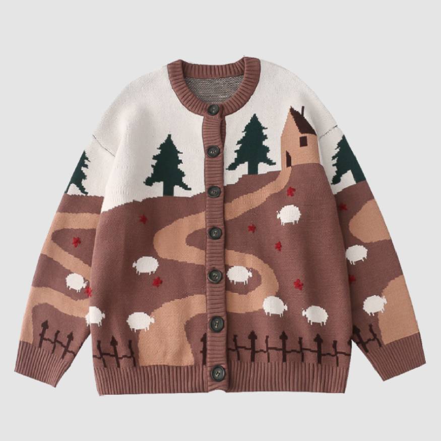 Childlike Landscape Illustration Jacquard Cardigan Sweater