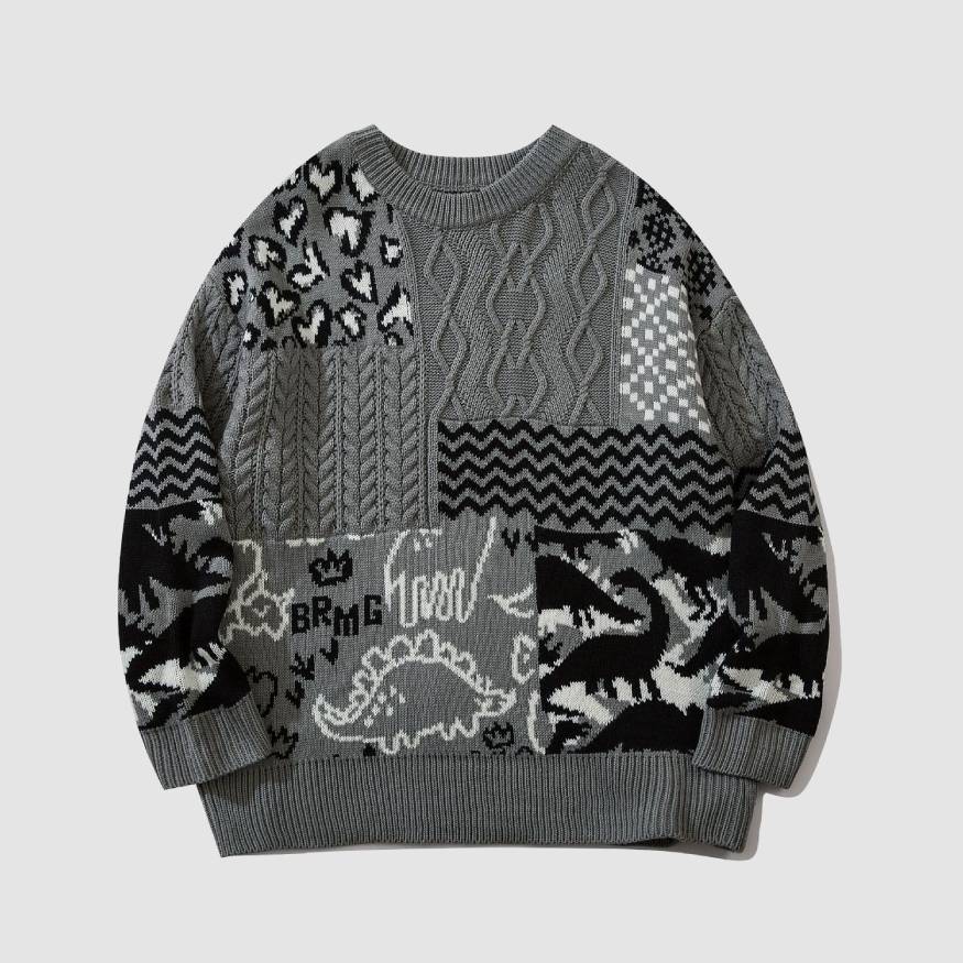 Dinosaur Pattern Stitching Knit Sweater