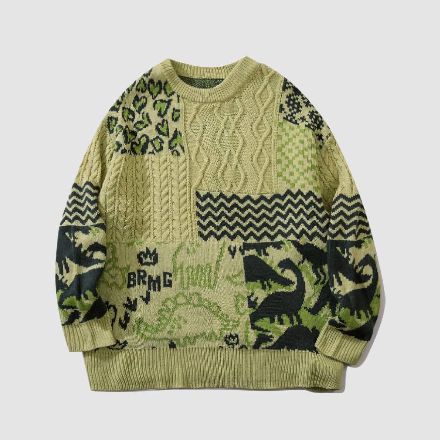 Dinosaur Pattern Stitching Knit Sweater