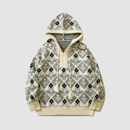 Argyle Pattern Drawstring Hooded Sweater