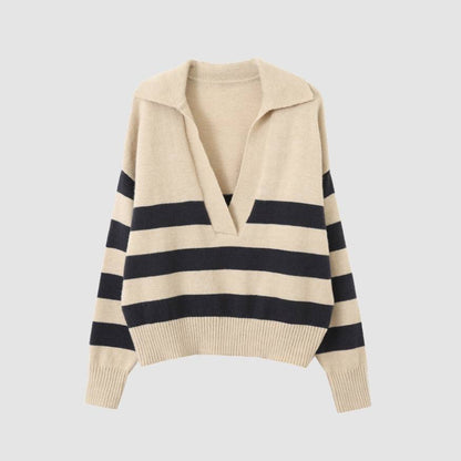 V Neck Collared Striped Sweater