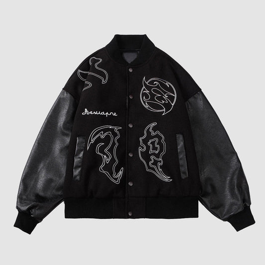 Symbol Embroidery PU Leather Stitching Baseball Jacket