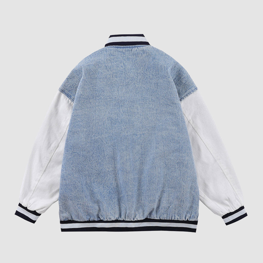 Embroidery Letter Patchwork Denim Baseball Jacket