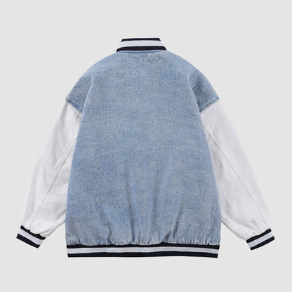 Embroidery Letter Patchwork Denim Baseball Jacket