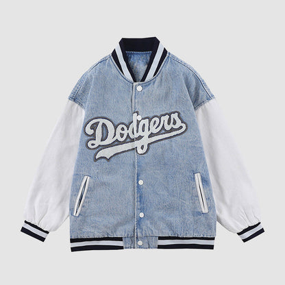 Embroidery Letter Patchwork Denim Baseball Jacket