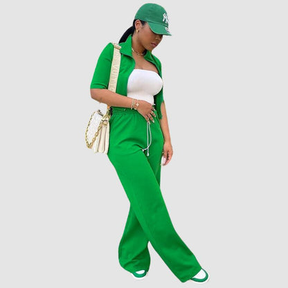 Lapel Short Sleeve Top & Drawstring Waist Pant Set